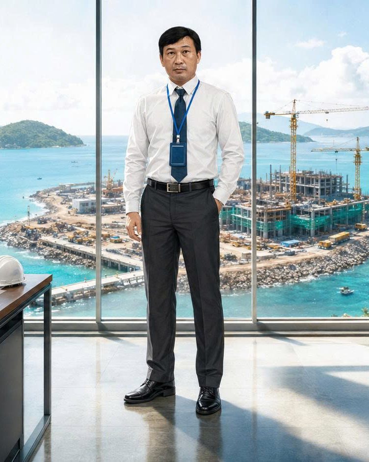 Nguyễn Văn Nhiều mặc sơ mi trắng, thắt cà vạt, đứng trong văn phòng, phía sau là công trường ngoài đảo