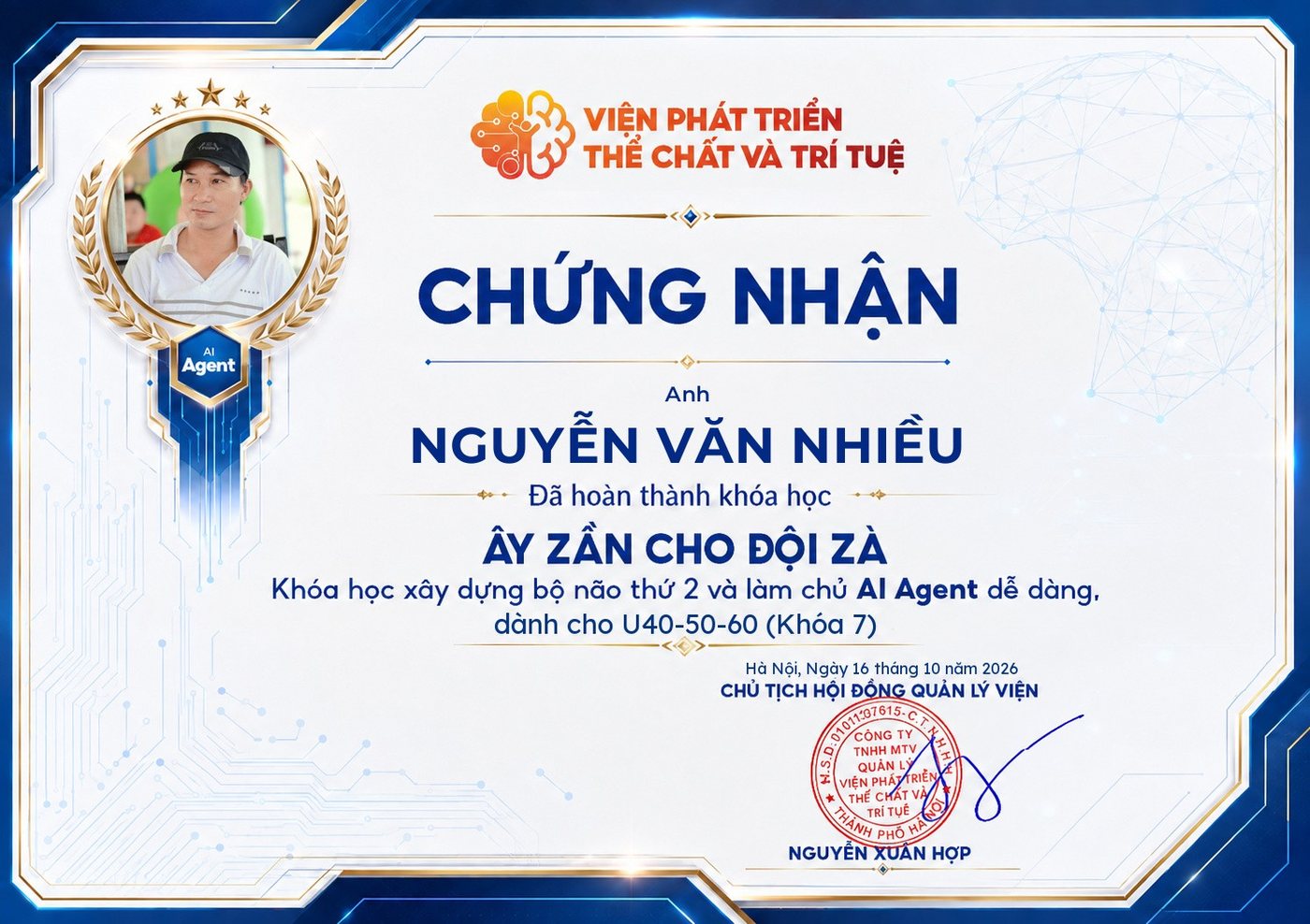Giấy chứng nhận Nguyễn Văn Nhiều hoàn thành khóa Ây zần cho đội zà, Viện Phát triển Thể chất và Trí tuệ, ngày 16/10/2026
